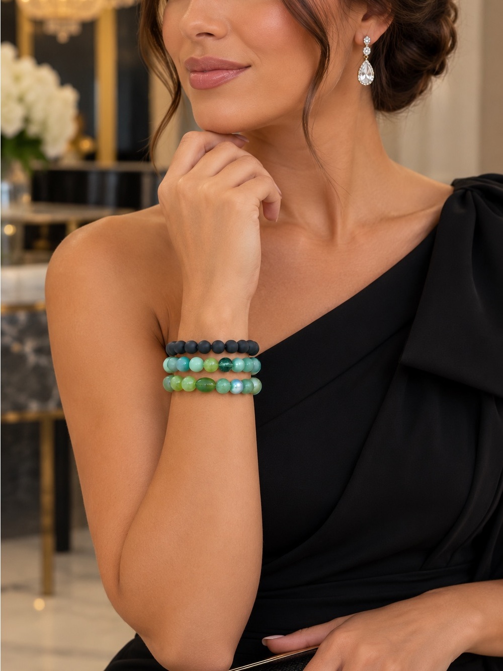 Matte Black and Mixed Green Bead Bracelet Stack - Women Jewelry - Picture 3 of 4